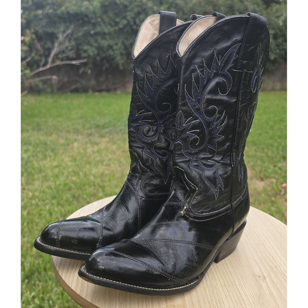 Black Leather Exotic Eel pCowboy Western Boots Embroidered Stitching Pull On